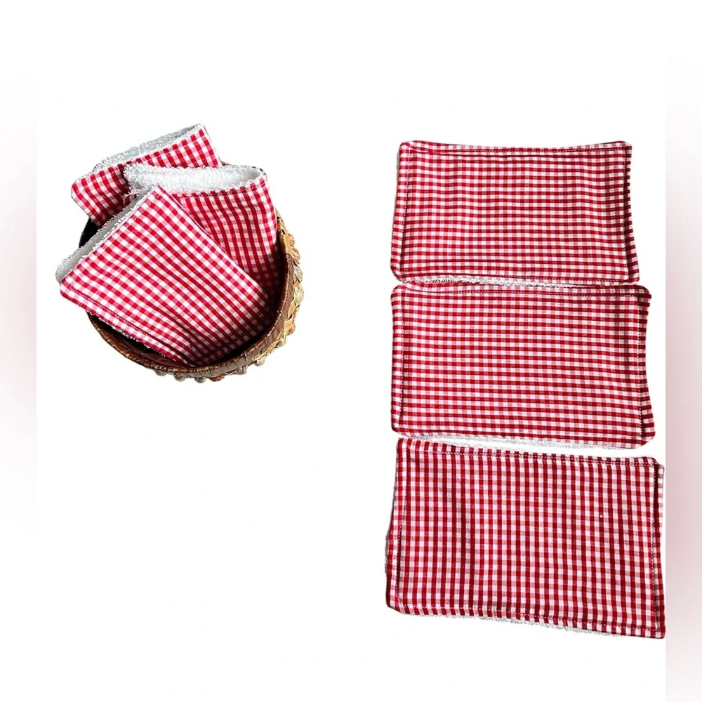 Hand Crafted Red Gingham Reusable 6 Terry Cloth Unpaper Towels 100% Cotton